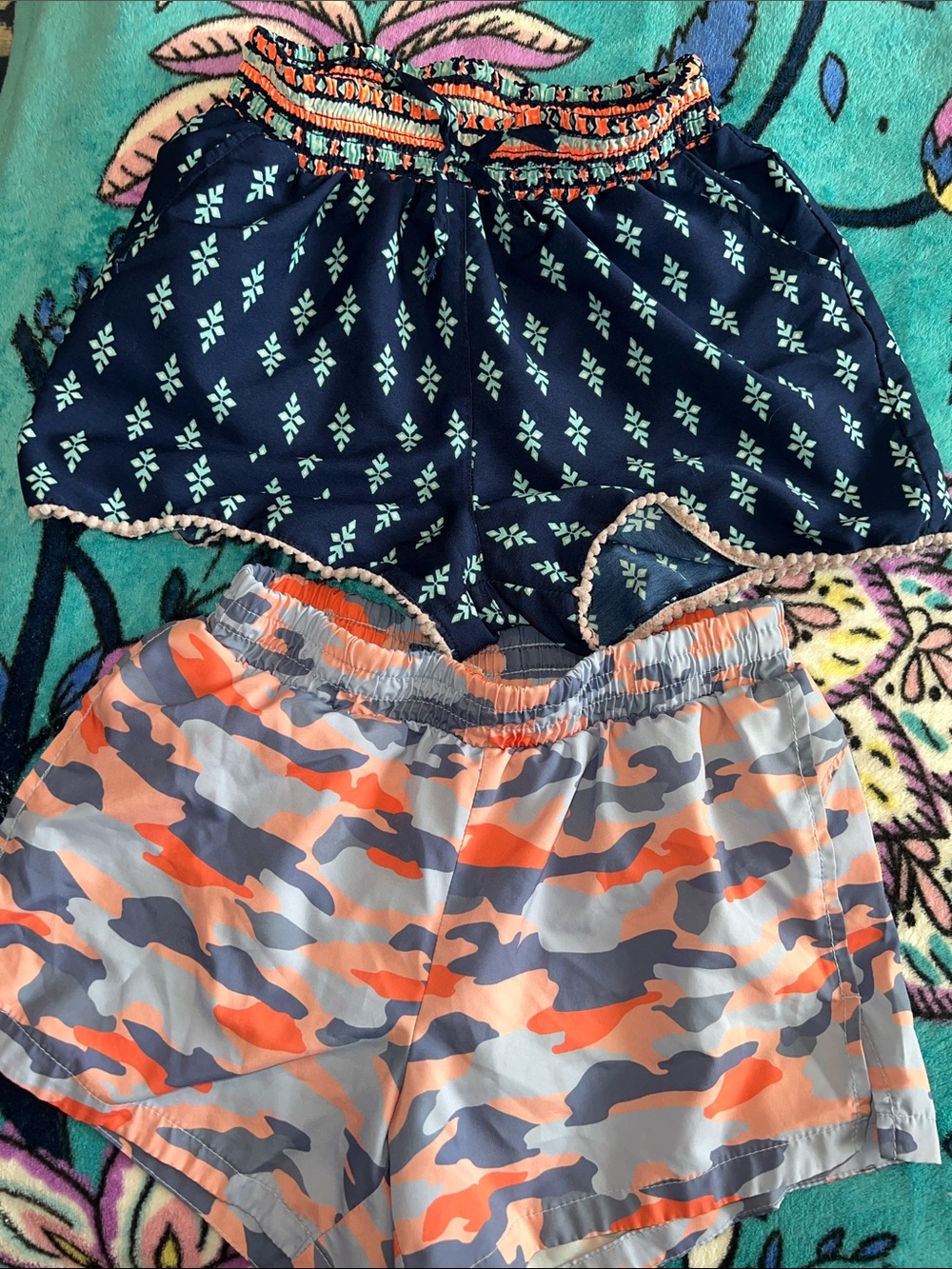 Girls Navy Printed Elastic Waist Shorts & Orange Camo Active Shorts - 2-Pack